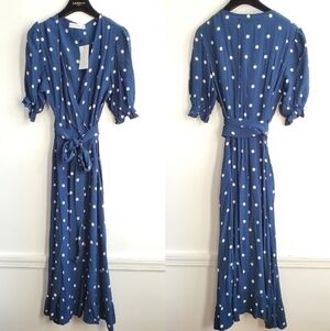 Faithfull The Brand Abbey Wrap Ronja Polka Dot Vintage Blue Dress NWT Sz 6 US/M